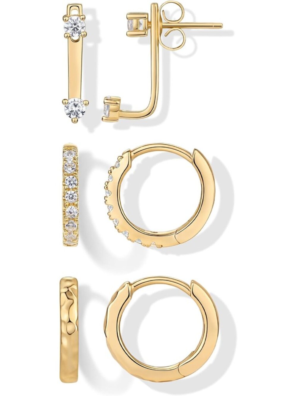Set of 3 Huggie Earrings for Women - 14K Gold Plated, Stylish Earring Stacks